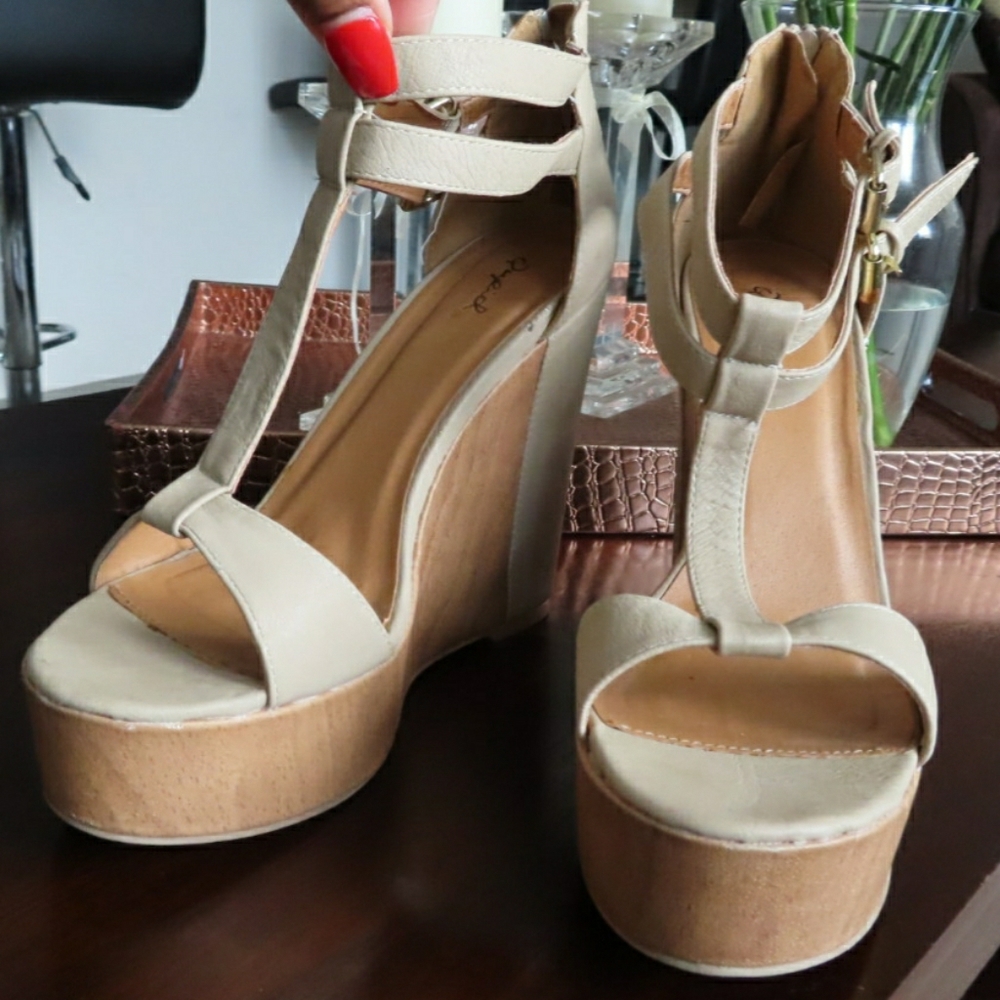 Cream, Wooden, Strappy, Platform Wedges